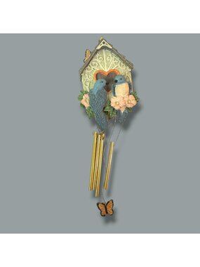Bluebird & Butterfly Birdhouse Wind Chime With Golden Tubes & Floral Accents 12